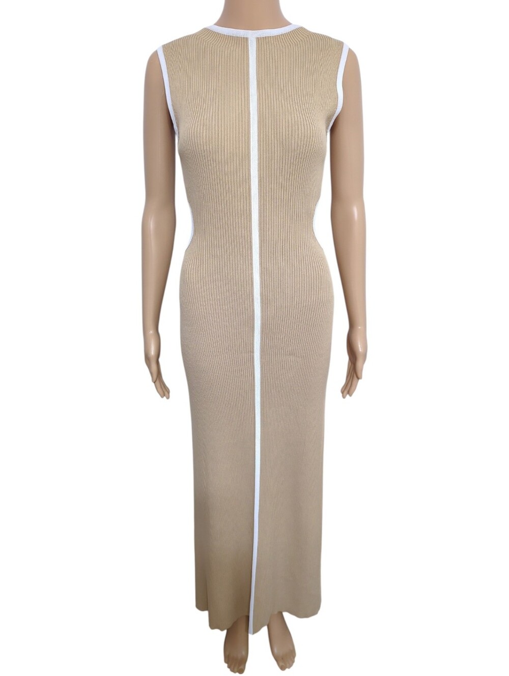 DISSH Binding Wheat Knit Midi Dress Cutout Beige White Piping M Minimalist - Picture 2 of 10